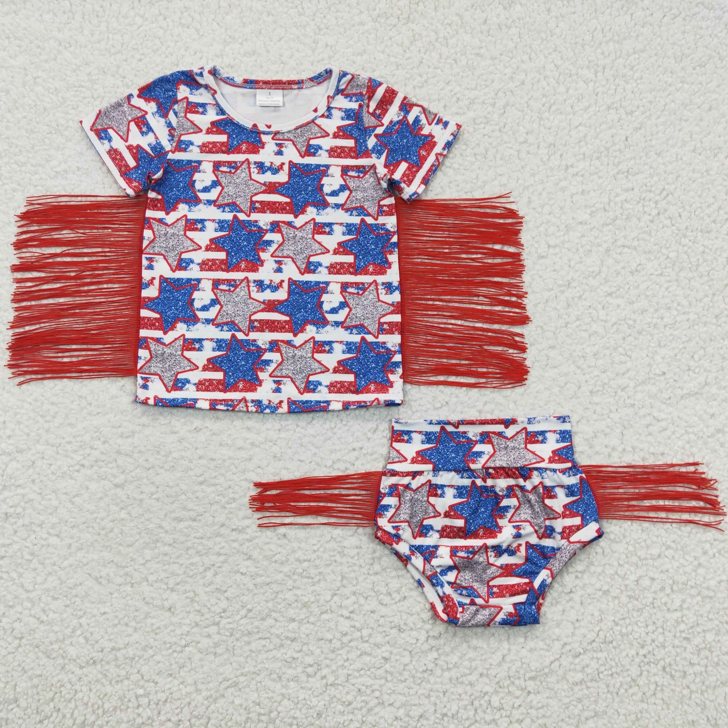 Baby girls star print tassels 4th of July bummie sets GBO0082