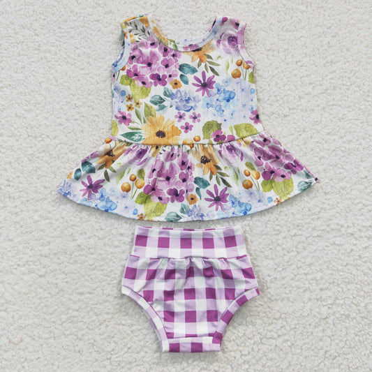 Baby girls violet floral print bummie sets GBO0086