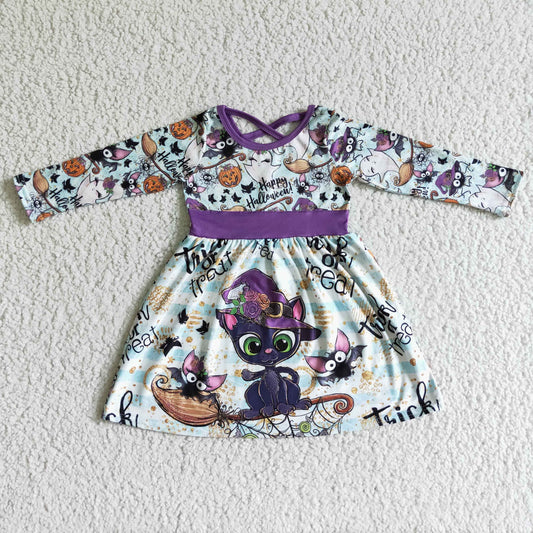 (Promotion)Girls long-sleeved cat print Hallowmas dress          GLD0036