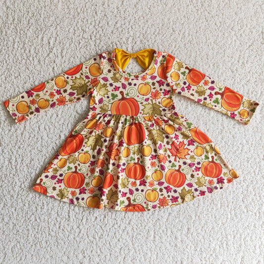 Girls fall pumpkin print dress   GLD0055