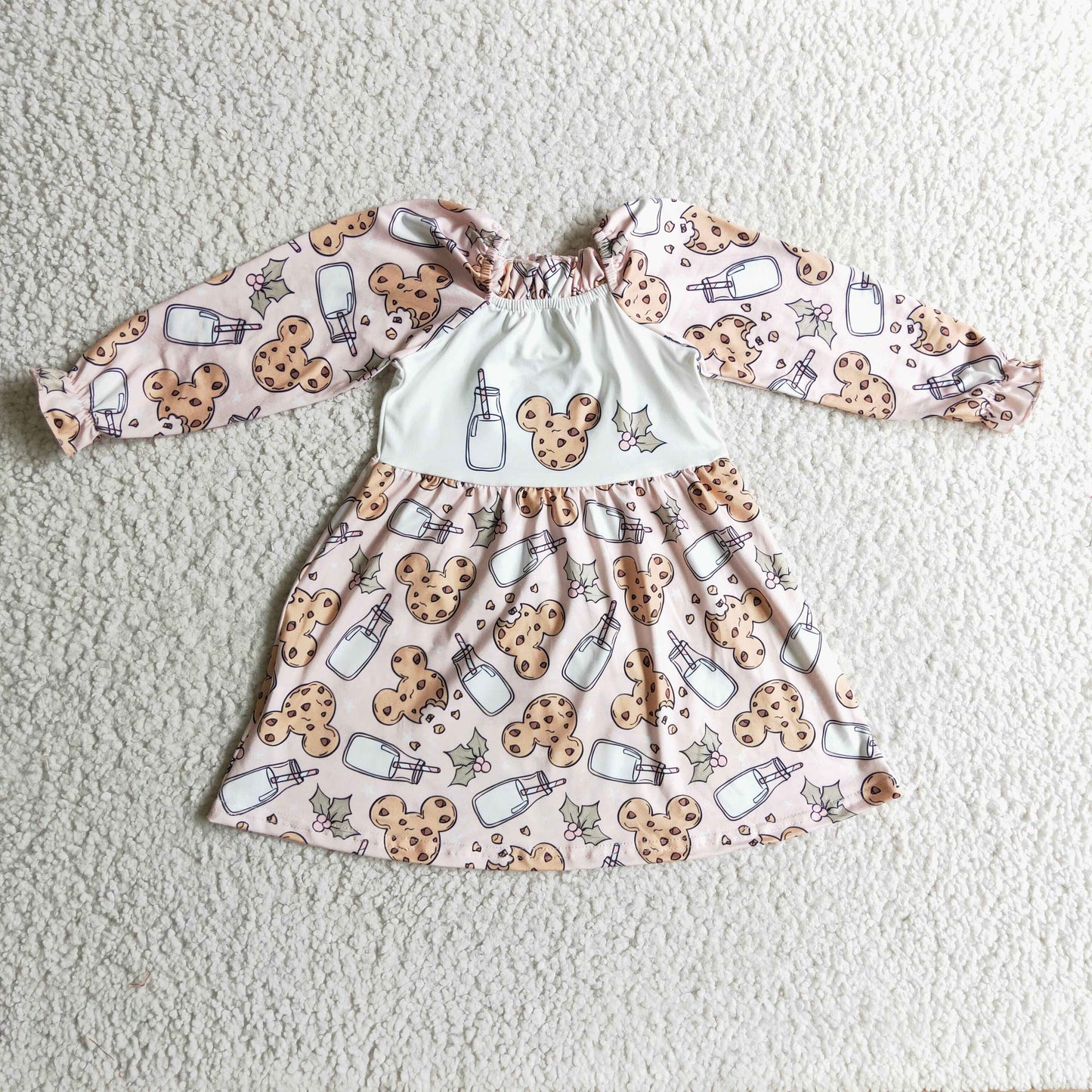 (Promotion)Girls Christmas mouse cookie print dress GLD0129