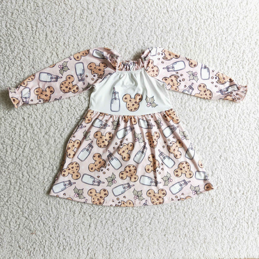 (Promotion)Girls Christmas mouse cookie print dress GLD0129