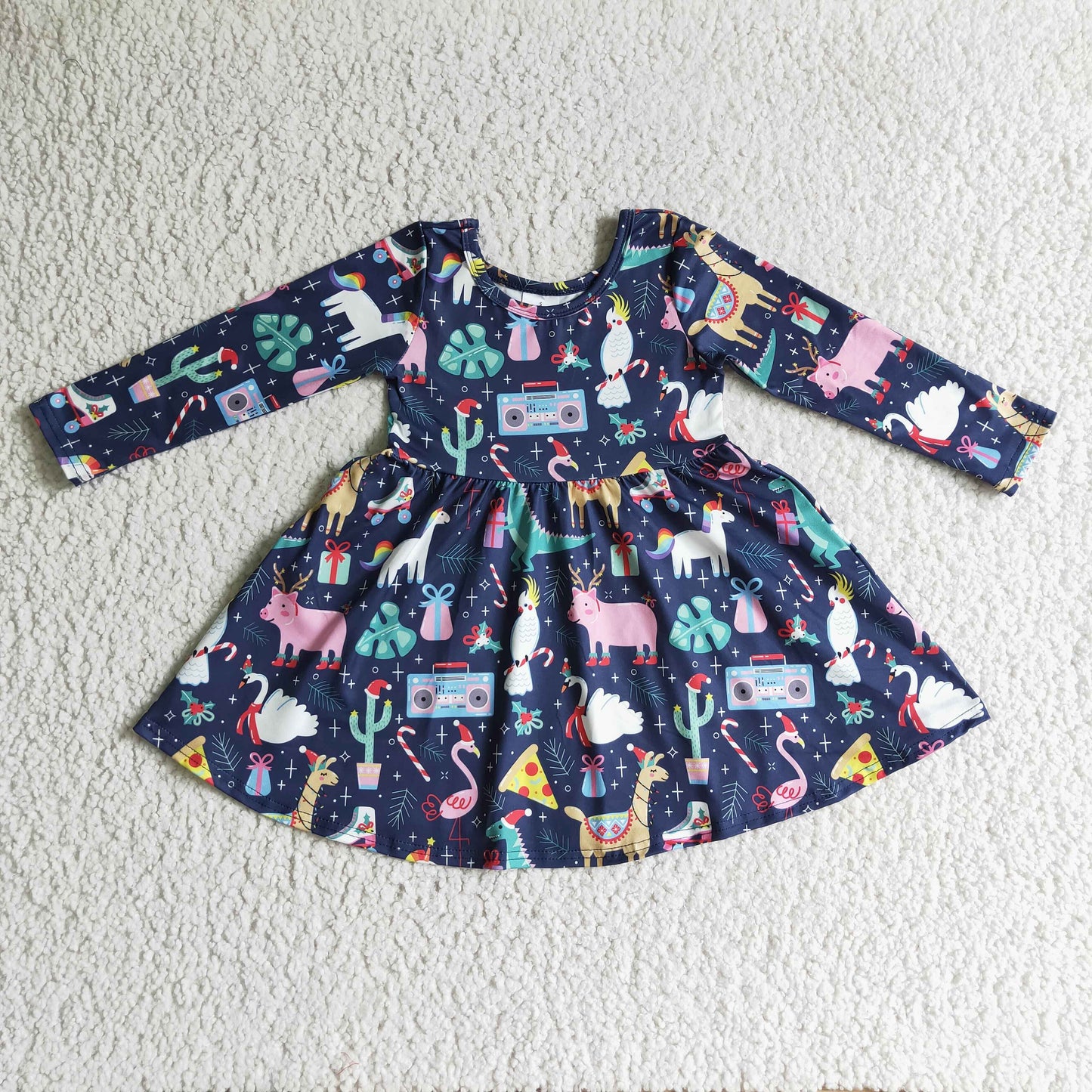 (Promotion)Girls Christmas dinosaur print dress       GLD0135
