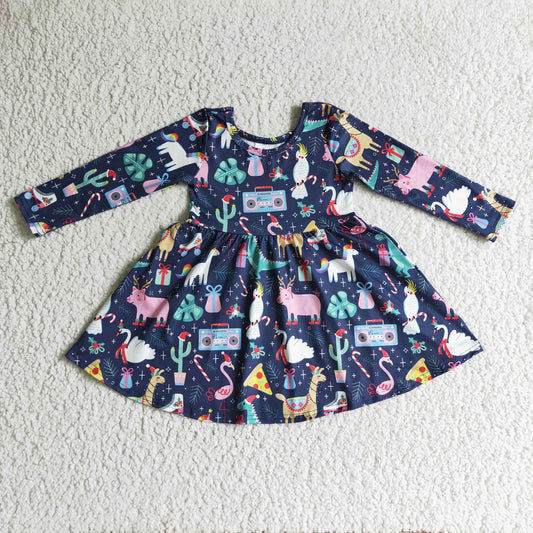 (Promotion)Girls Christmas dinosaur print dress       GLD0135