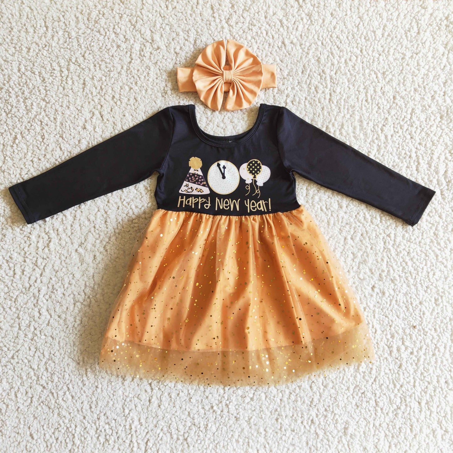 (Promotion)Girls long sleeve happy new year tulle dress  GLD0138