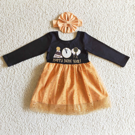Girls long sleeve happy new year tulle dress  GLD0138