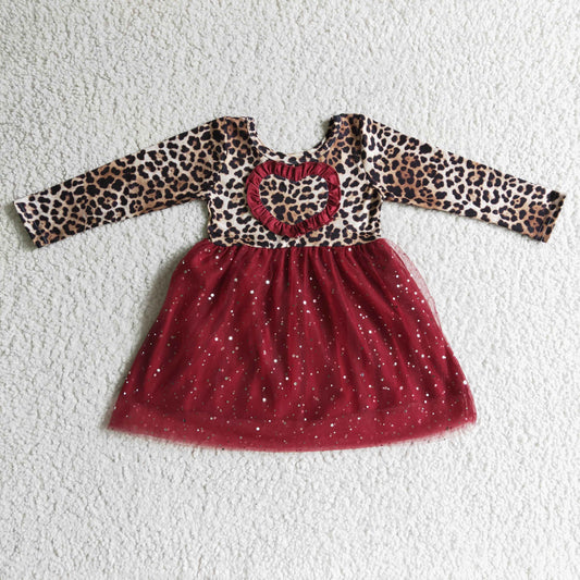 Girls leopard heart print long sleeve tulle dress    GLD0139
