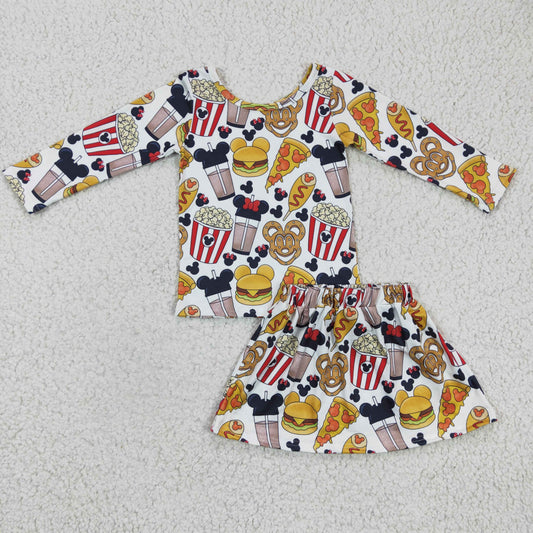 (Promotion)Girls cartoon mouse hamburger print long sleeve top skirt 2pcs outfits   GLD0161