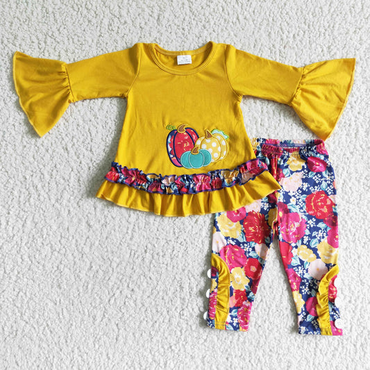 (Promotion)Girls pumpkin embroidery outfits   GLP0006