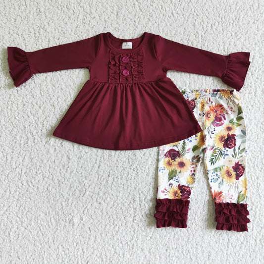 GLP0015 Wine Tunic Cotton Top Flowers Legging Pants Girls Fall Clothes sets