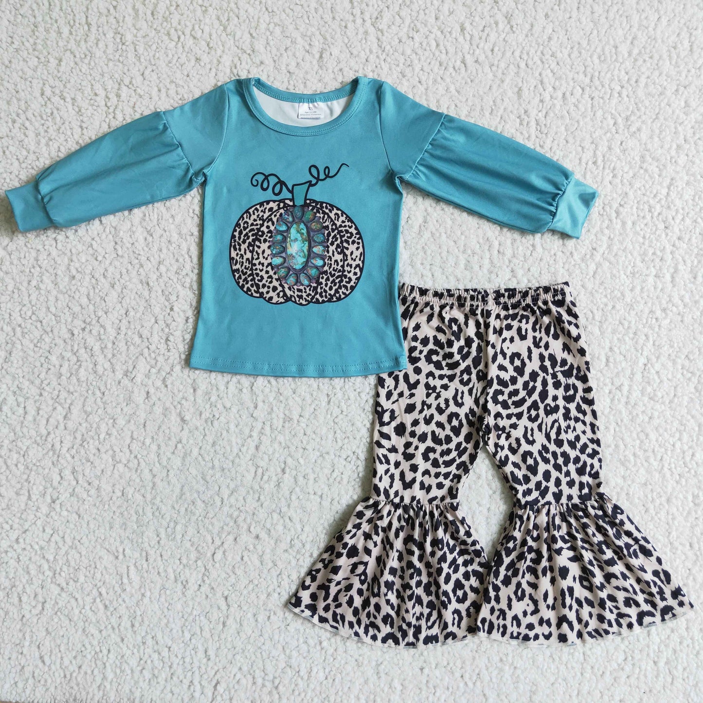 (Promotion) Turquoise Pumpkin Blue Top Leopard Bell Pants Girls Fall Outfits   GLP0070