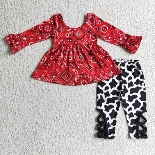 (Promotion)Girls fall cow print cross pants outfits          GLP0091