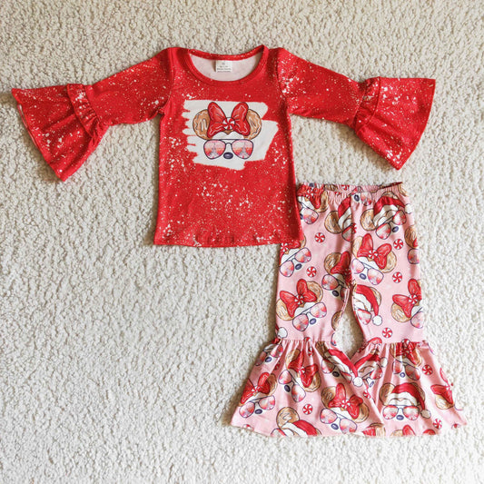 (Promotion)Girls red mouse print Christmas outfits      GLP0096