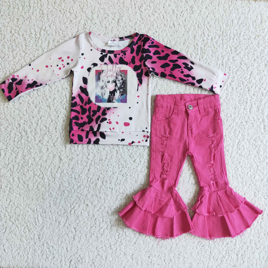 Girls fall hotpink denim pants singer shirts outfits      GLP0106