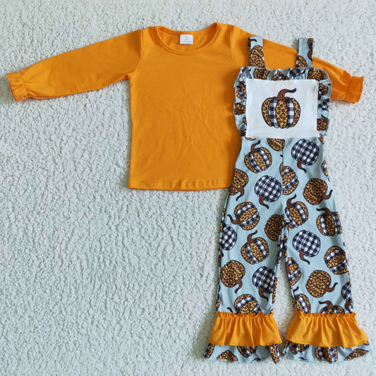 Girls overall design fall pumpkin print outfits GLP0114