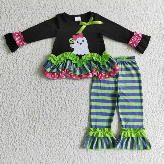 Girls ghost tunic top stripes pants Halloween outfit       GLP0182