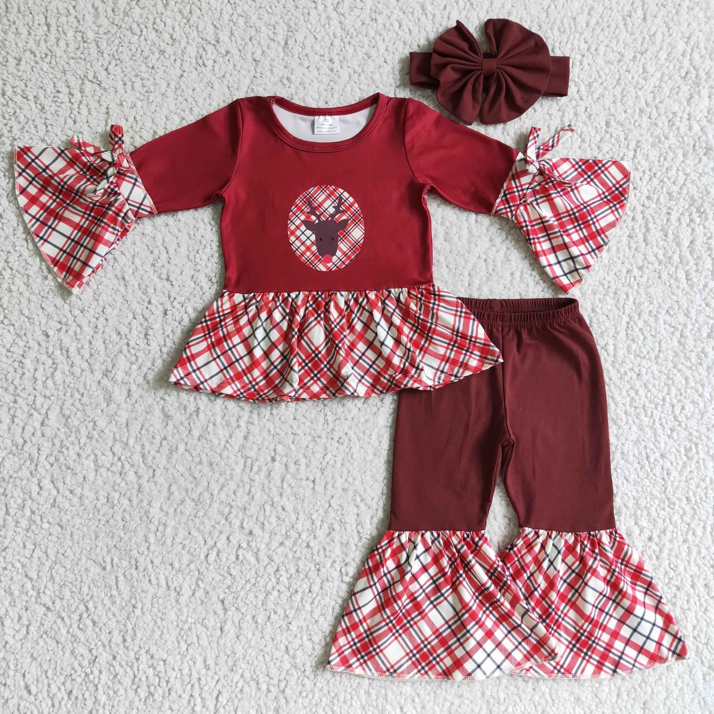 Girls Christmas reindeer print with bow 3 pcs Outfits       GLP0202