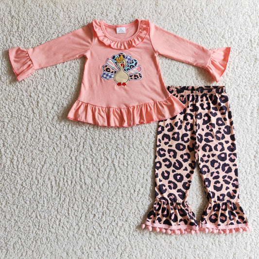 Girls pink turkey embroidery leopard print Thanksgiving Outfits       GLP0203
