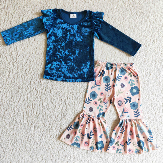 Girls blue top floral pants outfits      GLP0220