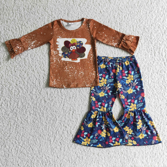 Girls turkey bleached shirt floral pants Thanksgiving  outfits  GLP0241