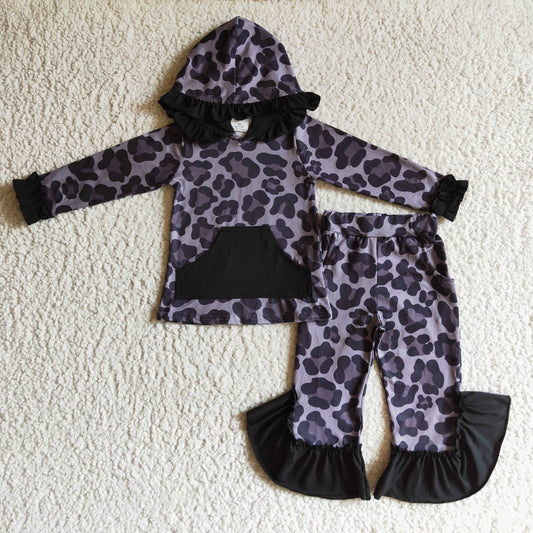 Girls gray leopard print hooded outfits GLP0255