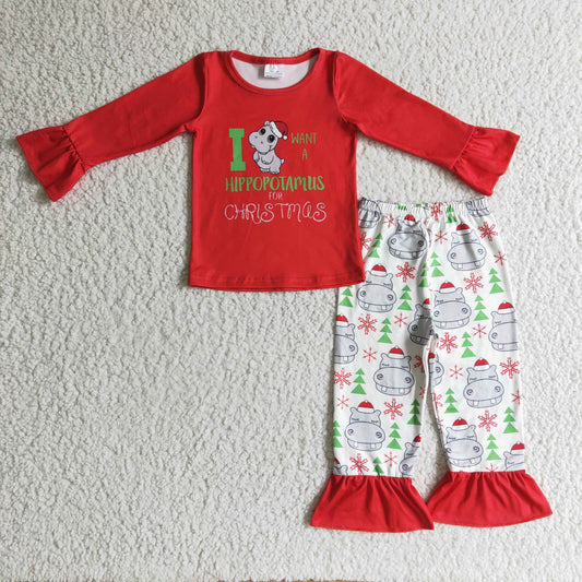 Girls Christmas hippopotamus print outfit      GLP0302