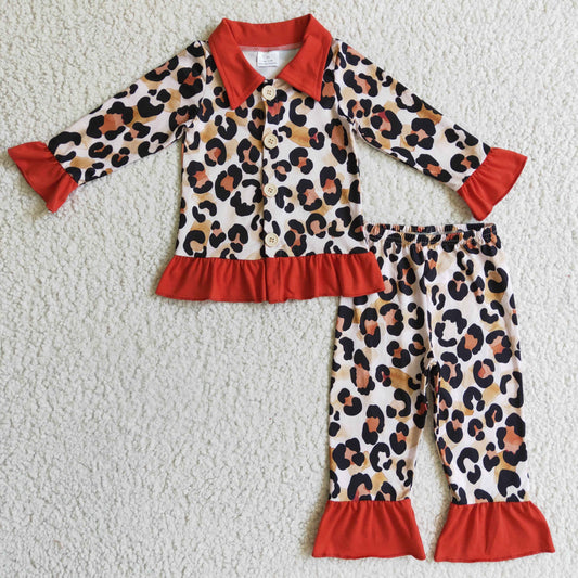 Girls orange ruffle leopard print pajamas   GLP0307