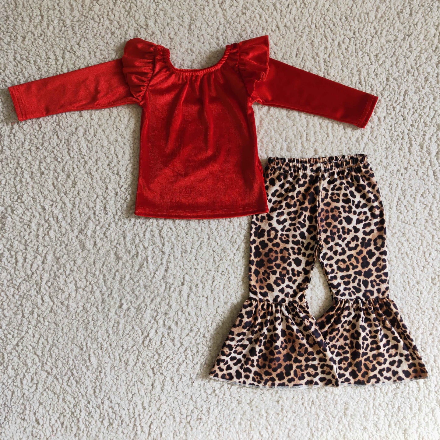 Girls wine red velvet top leopard pants outfit     GLP0312