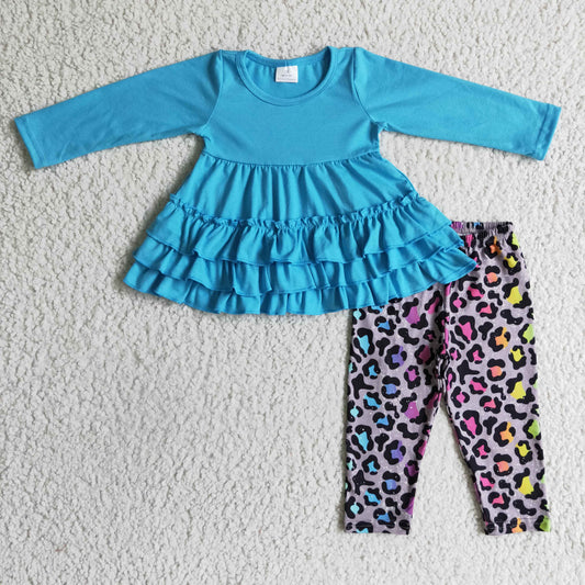 Girls blue top leopard print legging pants outfit  GLP0333