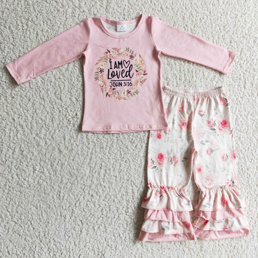 (Promotion)Girls pink top floral pants outfit    GLP0336