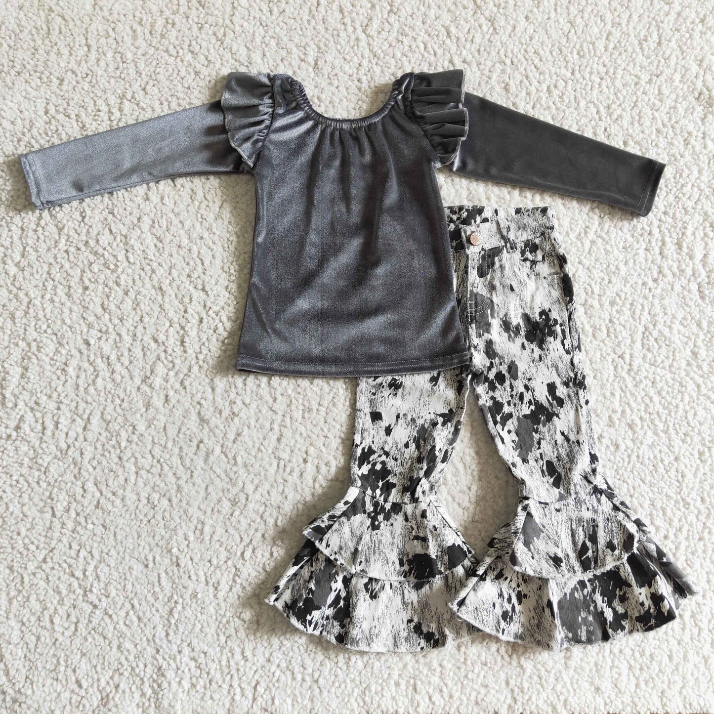 Girls long sleeve grey velvet top denim pants outfit   GLP0337