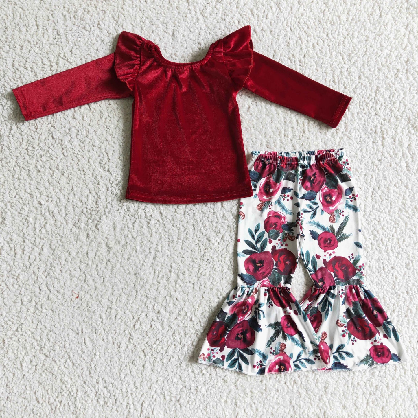 Girls wine red velvet top floral pants outfit     GLP0361