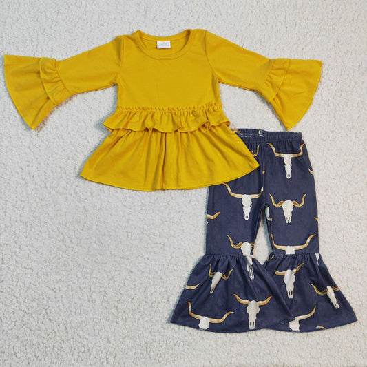 Girls mustard top cow print bell pants outfit    GLP0368