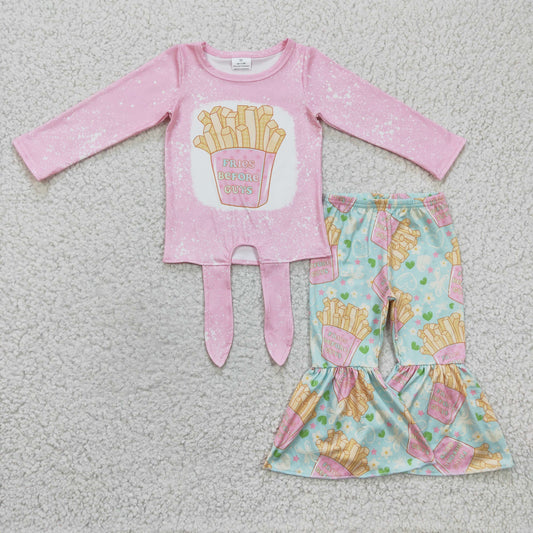 Girls long sleeve FRIES BEFORE CUYS pink print bell pants outfit   GLP0373