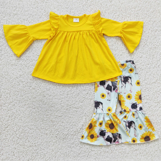(Promotion)Girls yellow cotton top sunflower cow print outfit    GLP0374