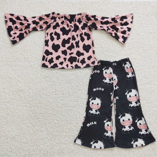 (Promotion)Girls Off Shoulder design pink cow print outfits  GLP0376