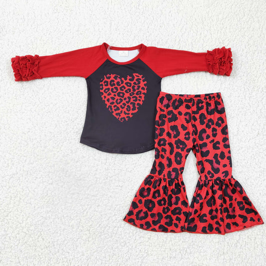 Girls heart print Valentines day leopard bell pants outfit    GLP0390