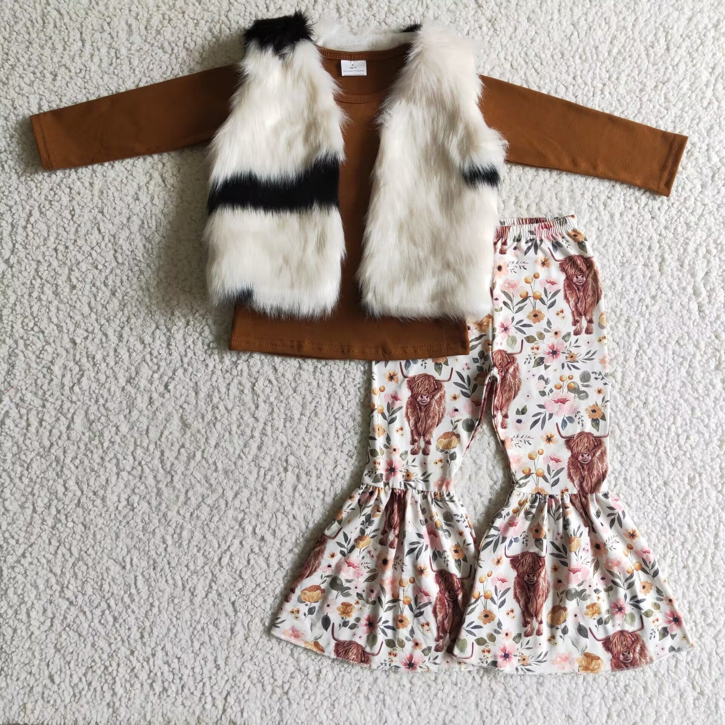 Girls vest highland cow 3pcs outfit  GLP0392