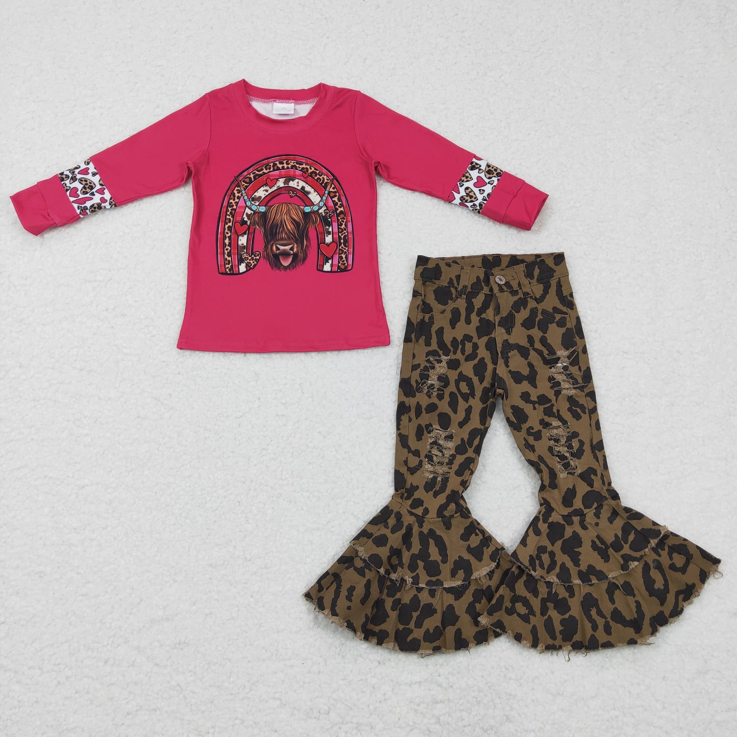 Baby girls Valentines Cow Western Leopard denim pants outfits  GLP0400
