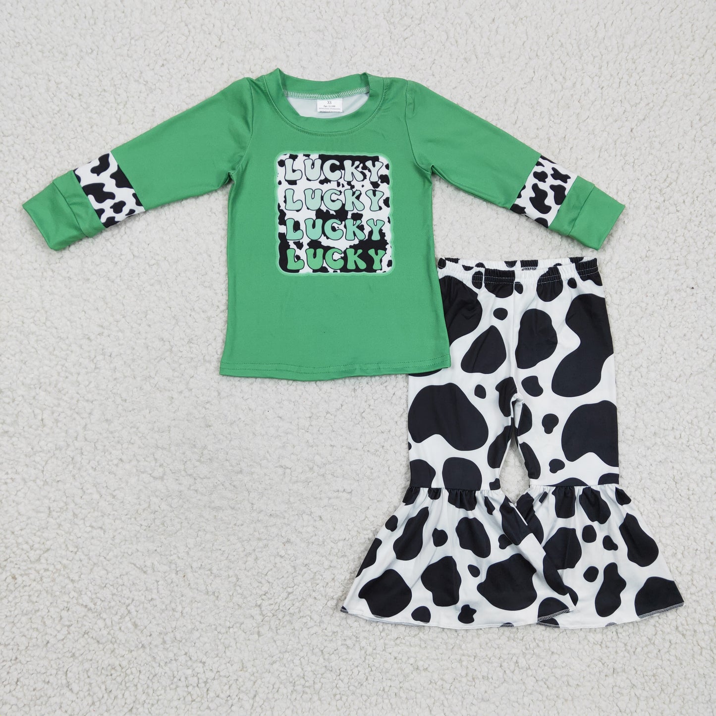 Girls green LUCKY print St. Patrick's Day top cow print bell bottom pants outfits    GLP0411
