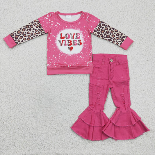 Girls LOVE VIBES leopard print Valentine's Day top pink denim pants outfits  GLP0412