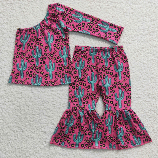 (Promotion)Girls western cactus one shoulder top bell pants outfit GLP0413
