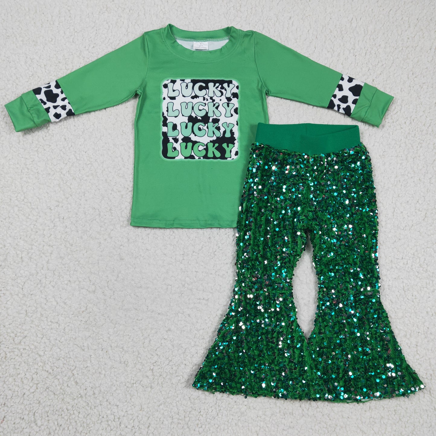Girls green LUCKY print St. Patrick's Day top sparking bell bottom pants outfits GLP0421