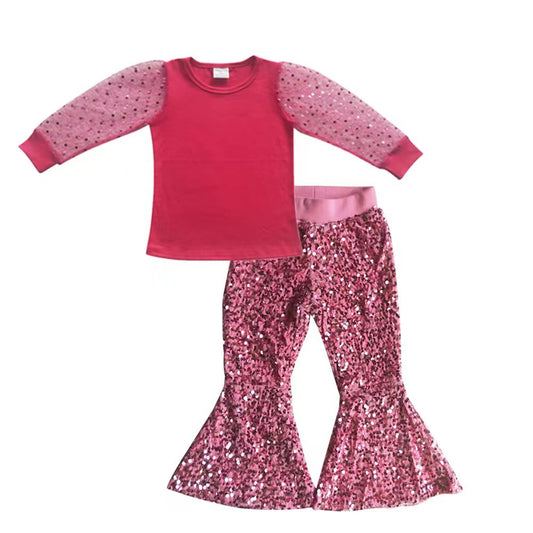 Girls hot pink tulle top sparking bell bottom pants outfits GLP0423