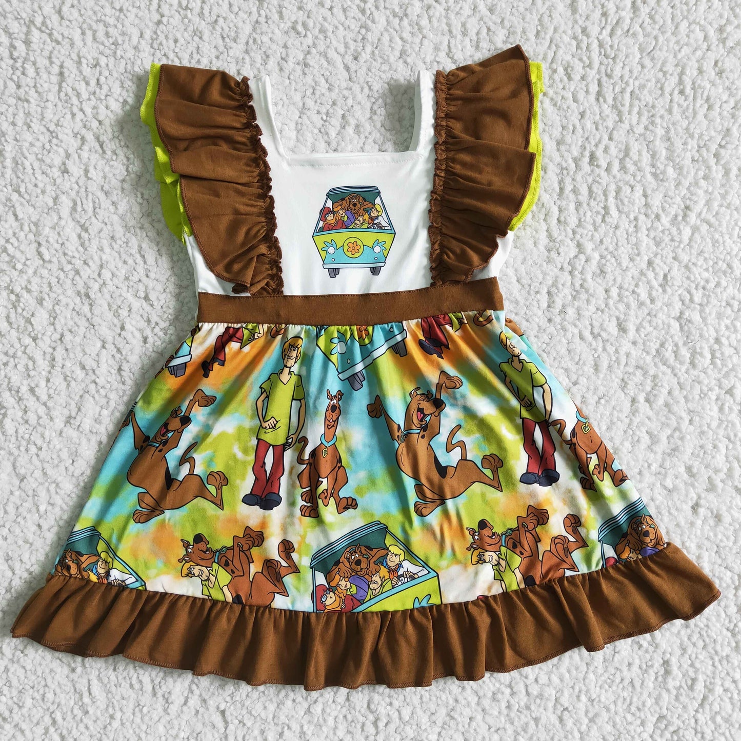 (Promotion)GSD0001 Flutter sleeves knee length cartoon dog brown ruffles summer dress