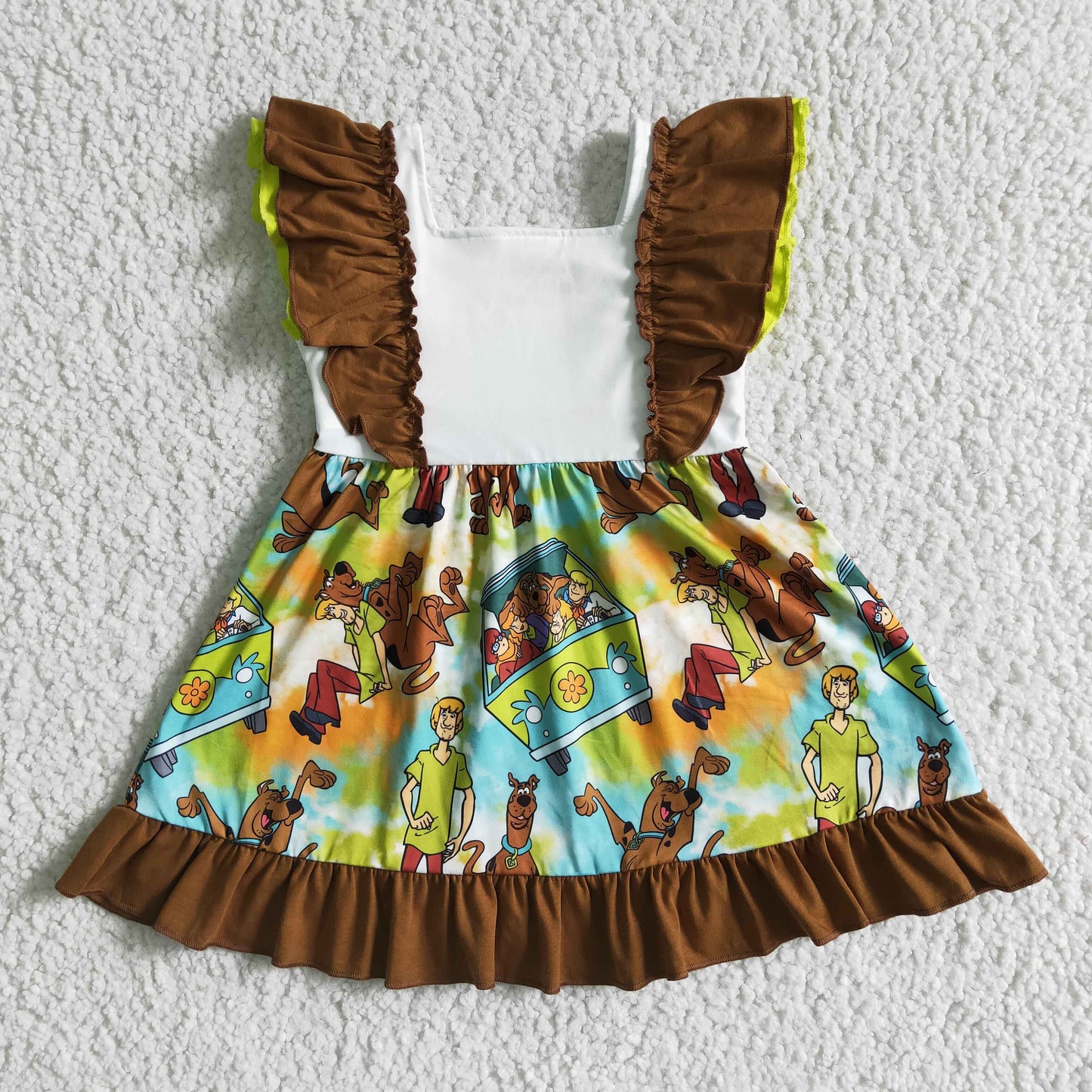 (Promotion)GSD0001 Flutter sleeves knee length cartoon dog brown ruffles summer dress