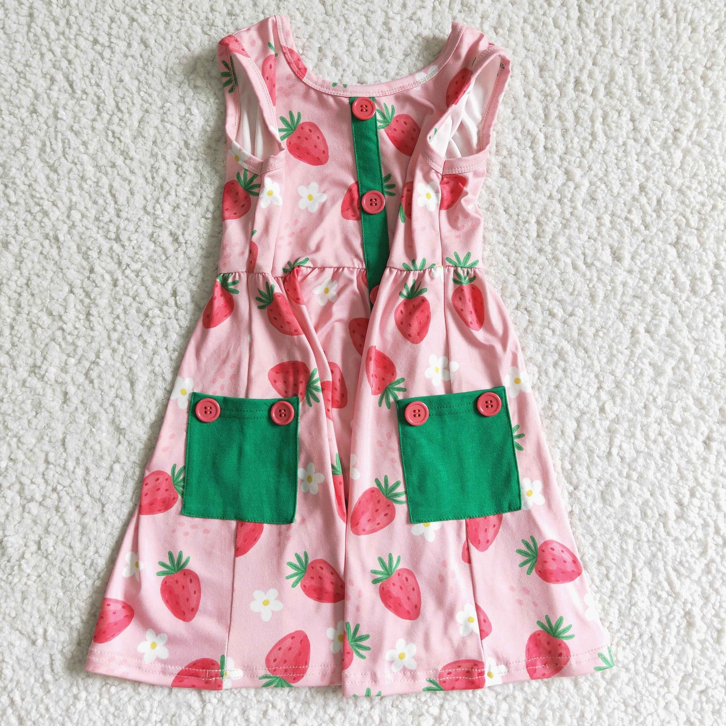 (Promotion)Girls strawberry print sleeveless pockets knee length dress GSD0037