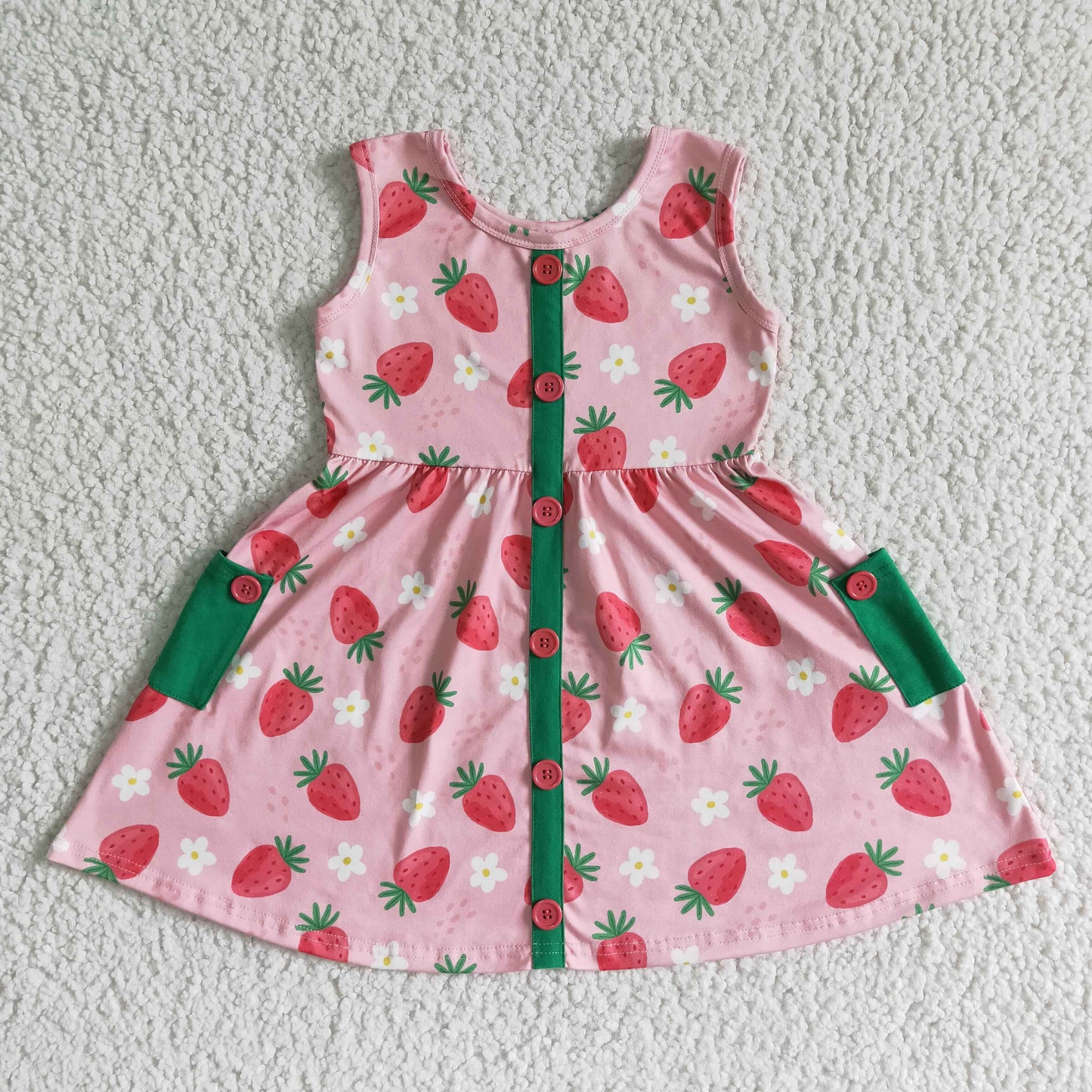 (Promotion)Girls strawberry print sleeveless pockets knee length dress GSD0037