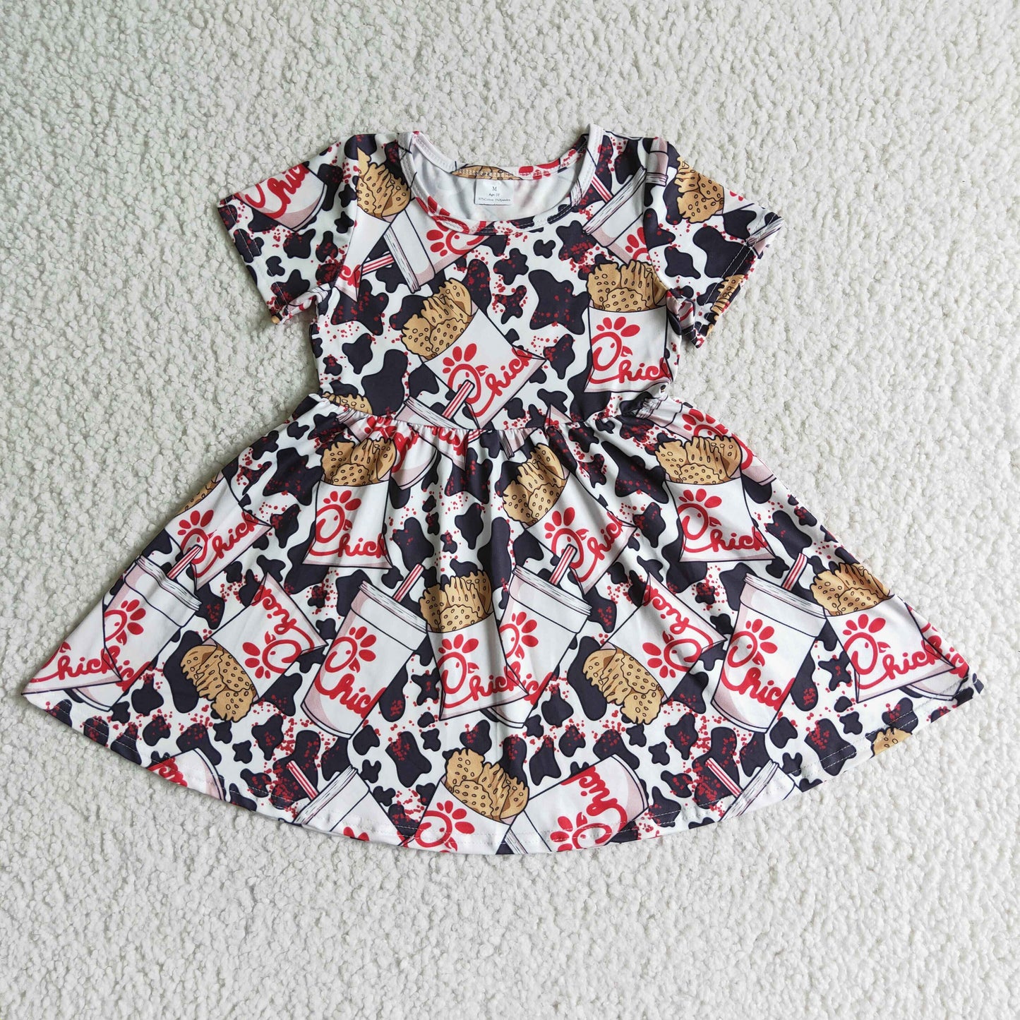 (Promotion)Short sleeve knee length chick cow fries print dress GSD0093