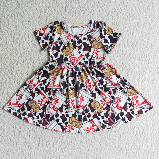 (Promotion)Short sleeve knee length chick cow fries print dress GSD0093